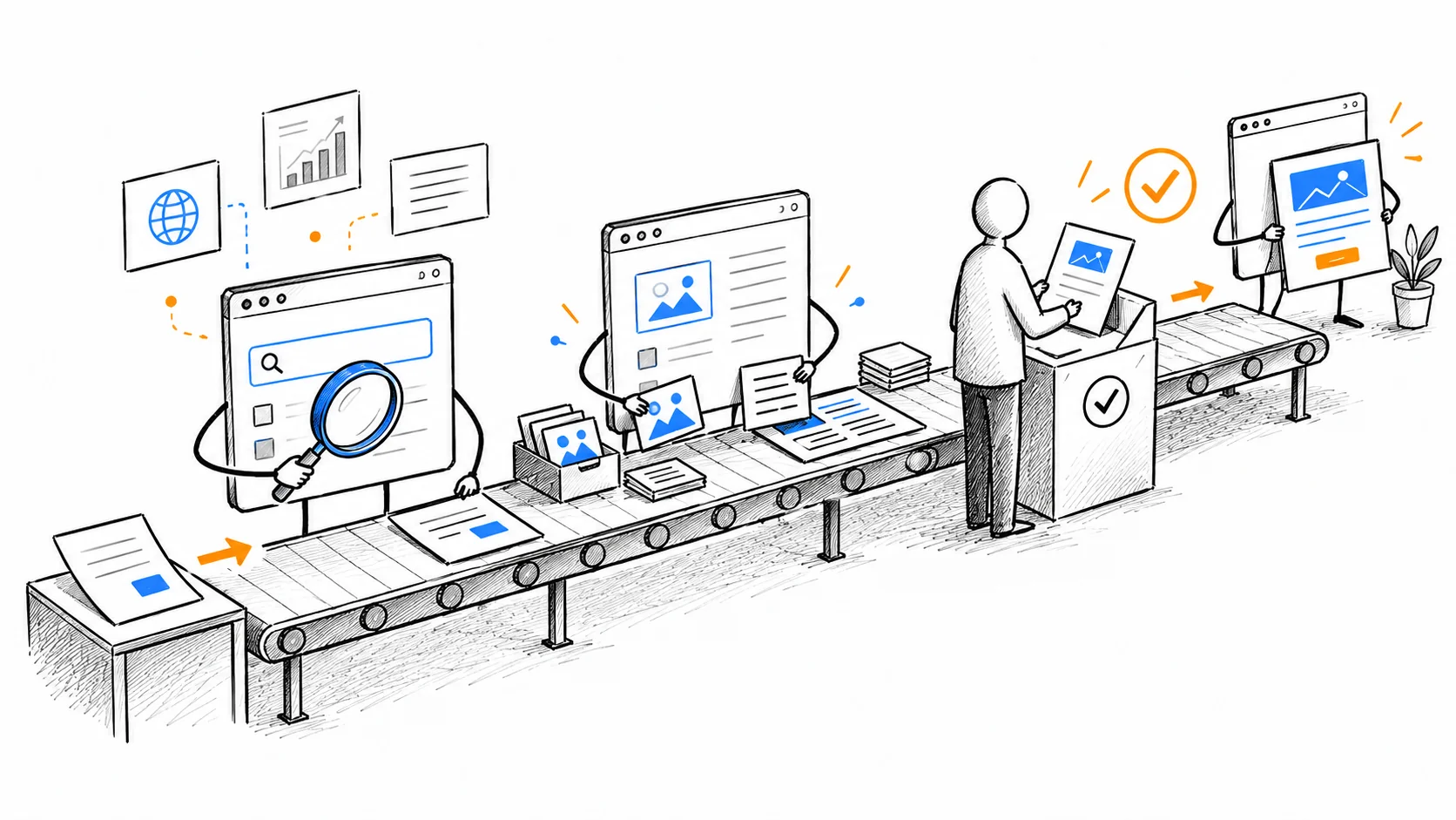 Software agents research and assemble a newsletter on a workshop conveyor, with a human approval station.