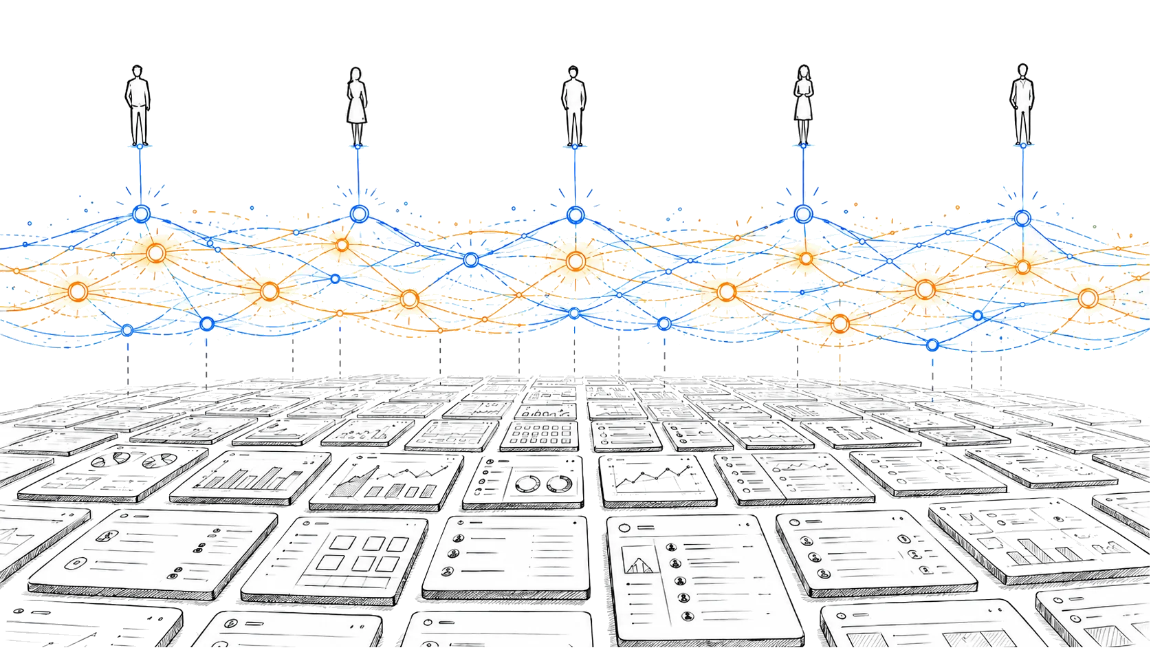 Conceptual illustration of people accessing applications through an orchestration layer