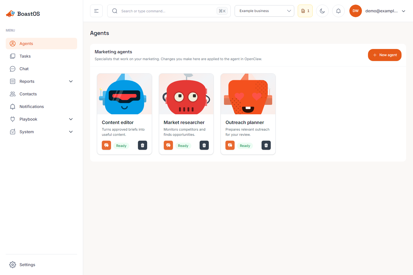 BoastOS agents screen with a content editor, market researcher, and outreach planner