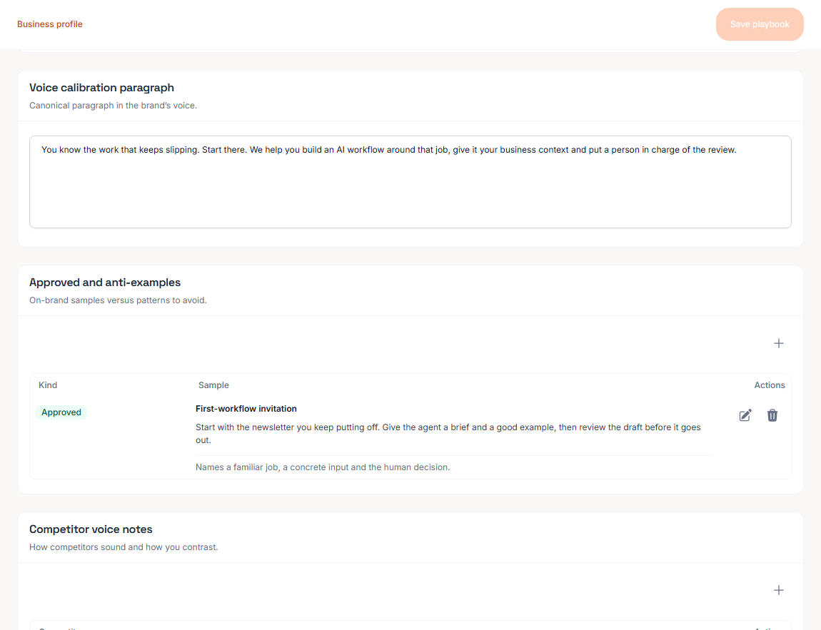 BoastOS brand voice settings with sample data