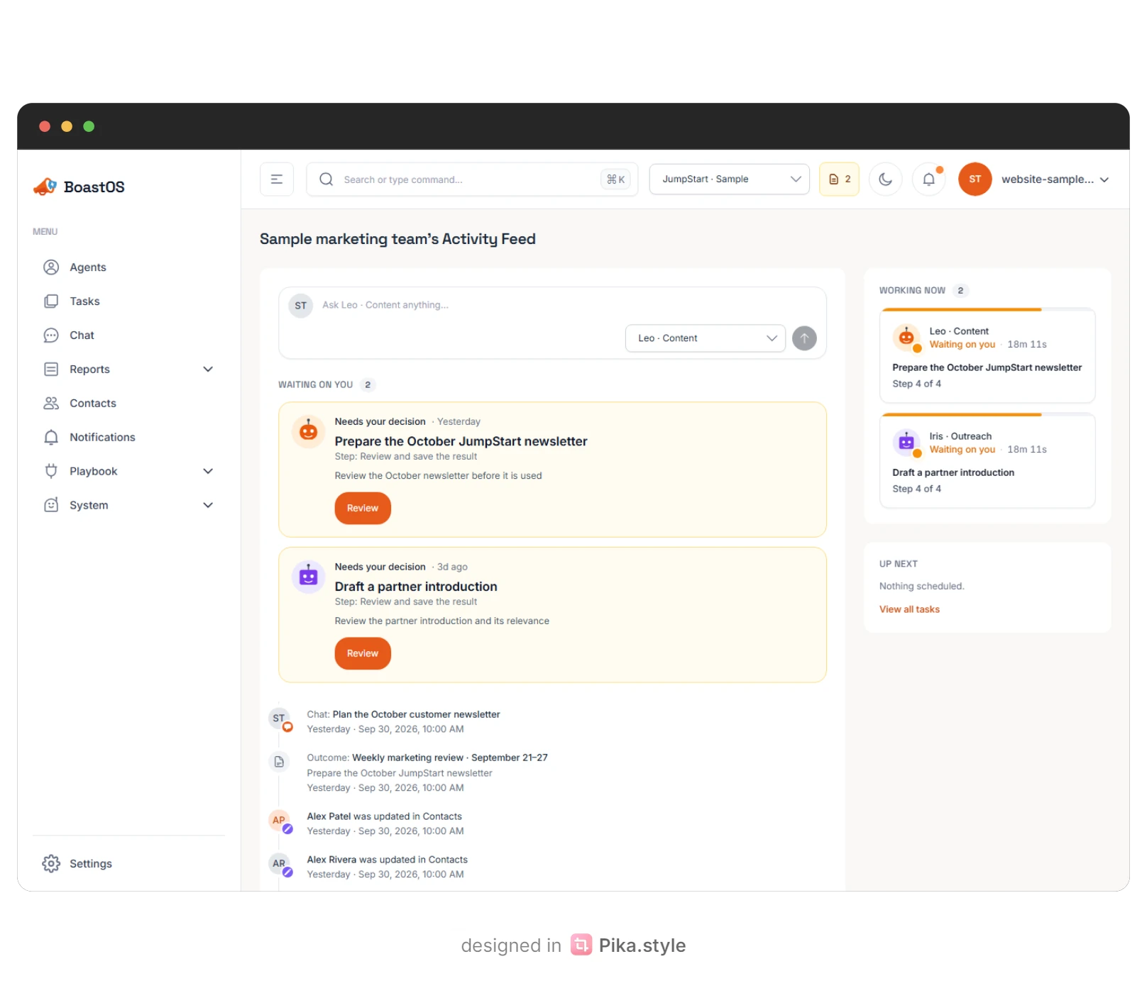 BoastOS activity feed showing sample reports, conversations and work awaiting review