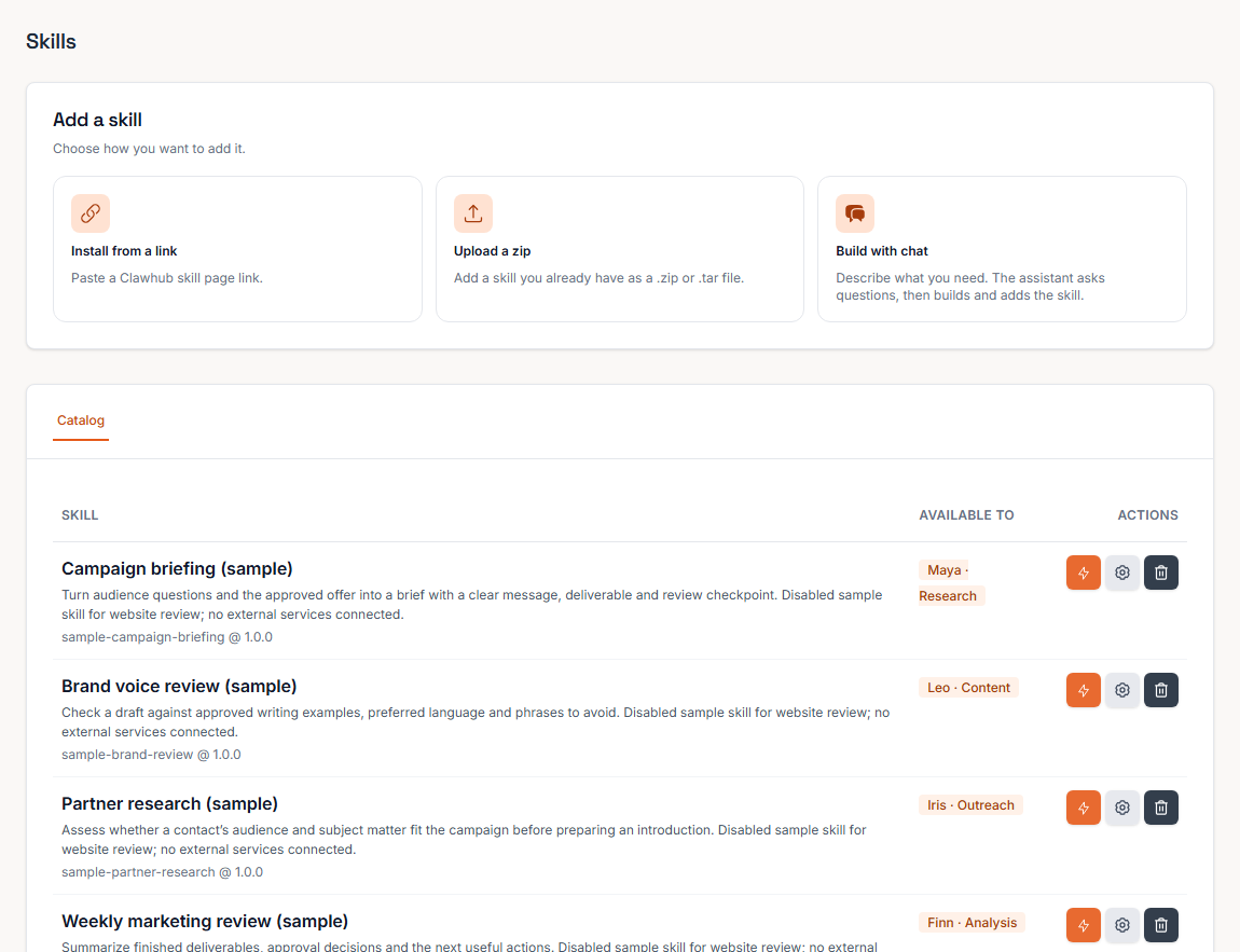 BoastOS Skills & integrations with sample data